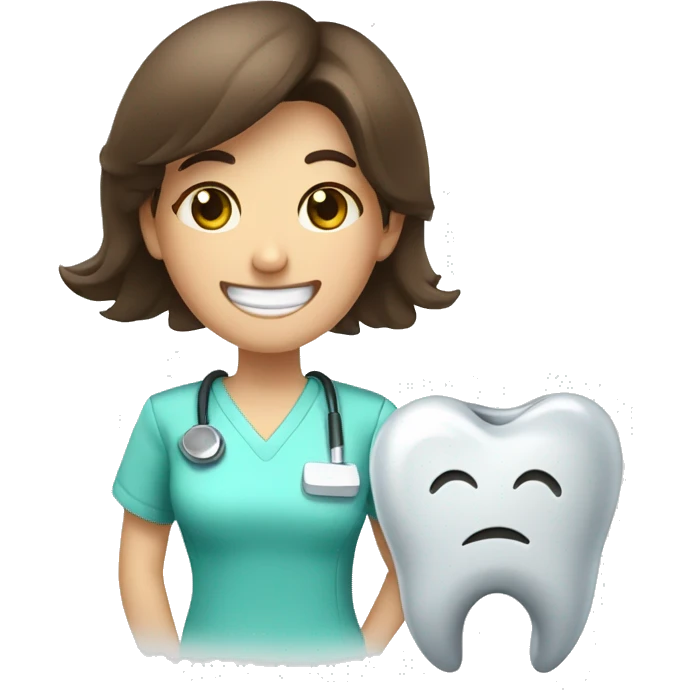 a brunette dentist leaning against a tooth with eyes and smiling emoji