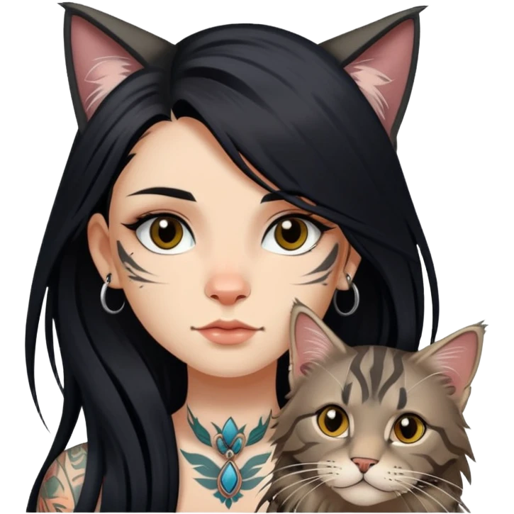 girl with long black  straight hair and tattoos and a tabby Maine coon emoji
