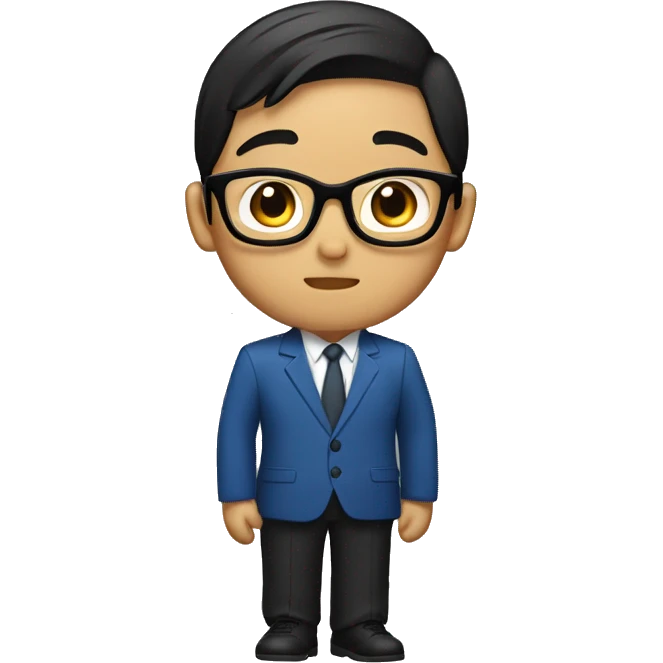 Asian boy with fair skin, short black 2:8 hair, wearing a blue suit and black glasses emoji
