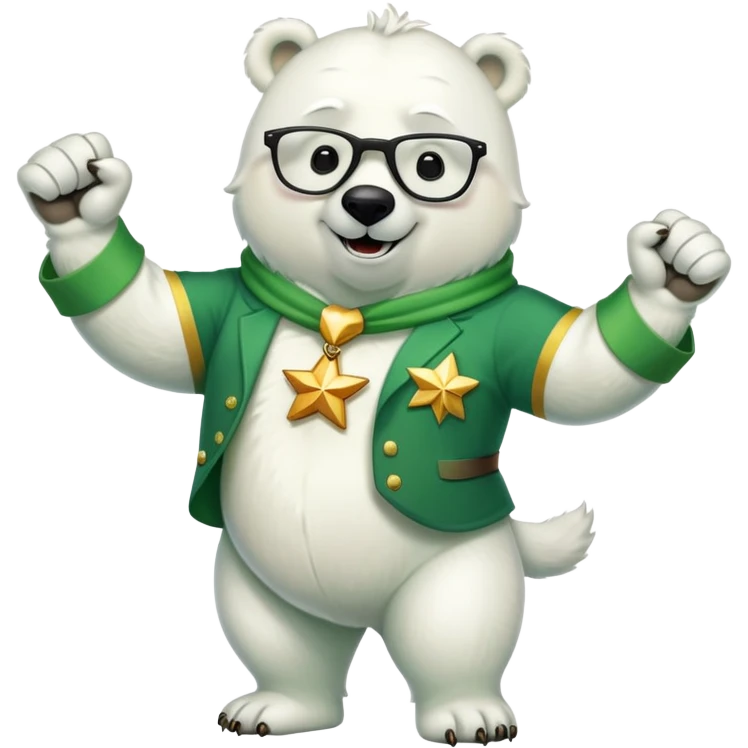 full body friendly anthropomorphised polar bear smiling, wearing large multicolored star-shaped glasses and festive St. Patrick's Day outfit, raising a fist in celebration emoji