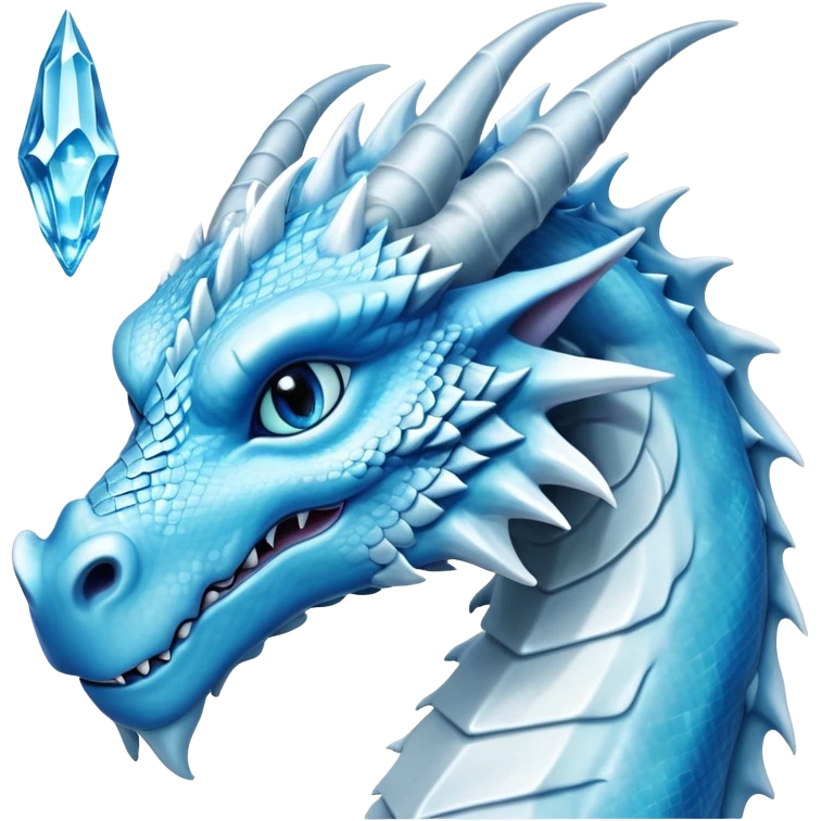 Cinematic Noble elegant Ice Dragon Portrait Emoji, Poised and imposing, distinct long elegant snout, with a slender, scaled body shimmering in glacial hues of icy blue, frostbitten silver, and crystalline white, breathing out frost, with piercing, glowing ice blue white eyes that radiate the chilling depths of an arctic storm; rendered in detail. emoji