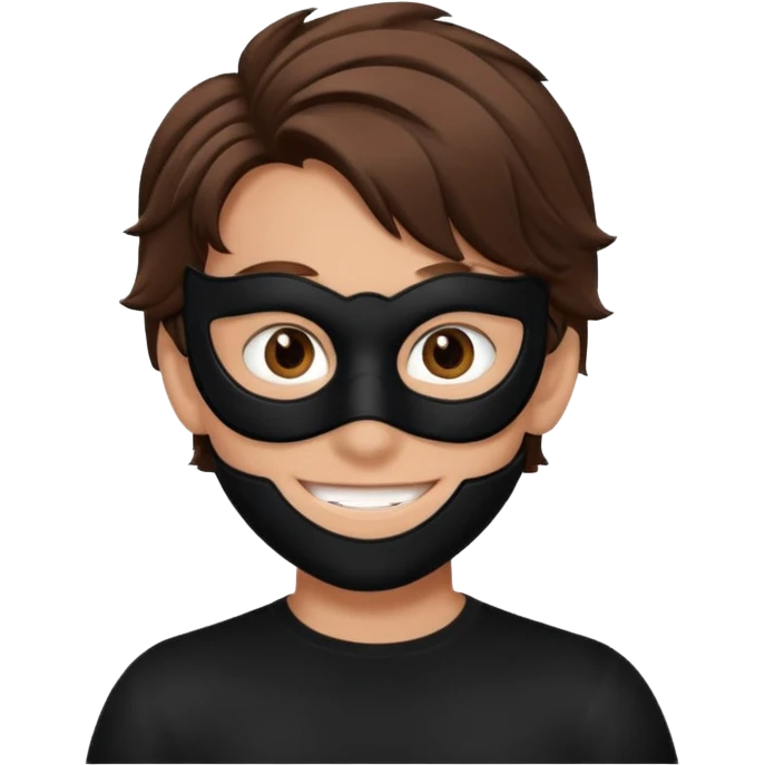 messy hair boy in a sleek black mask, playful eyes showing emoji