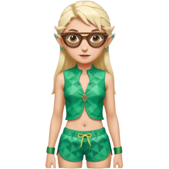 elf female legolas portrait, patterned board shorts (geometric/abstract), unique wooden-framed sunglasses, undercut hairstyle, slight smirk, visible pointy ears, no background, centered emoji, hipster summer vibe coctails  emoji