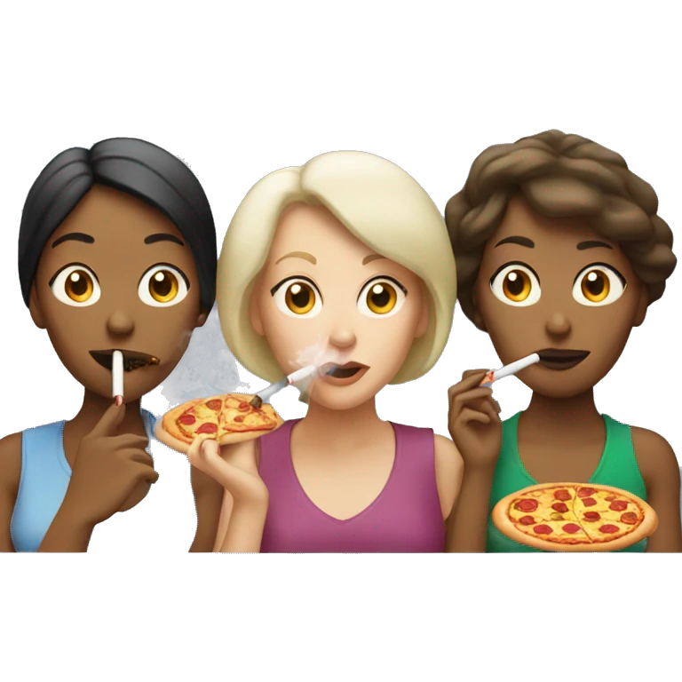 three white women smoking cigarettes and eating pizza emoji
