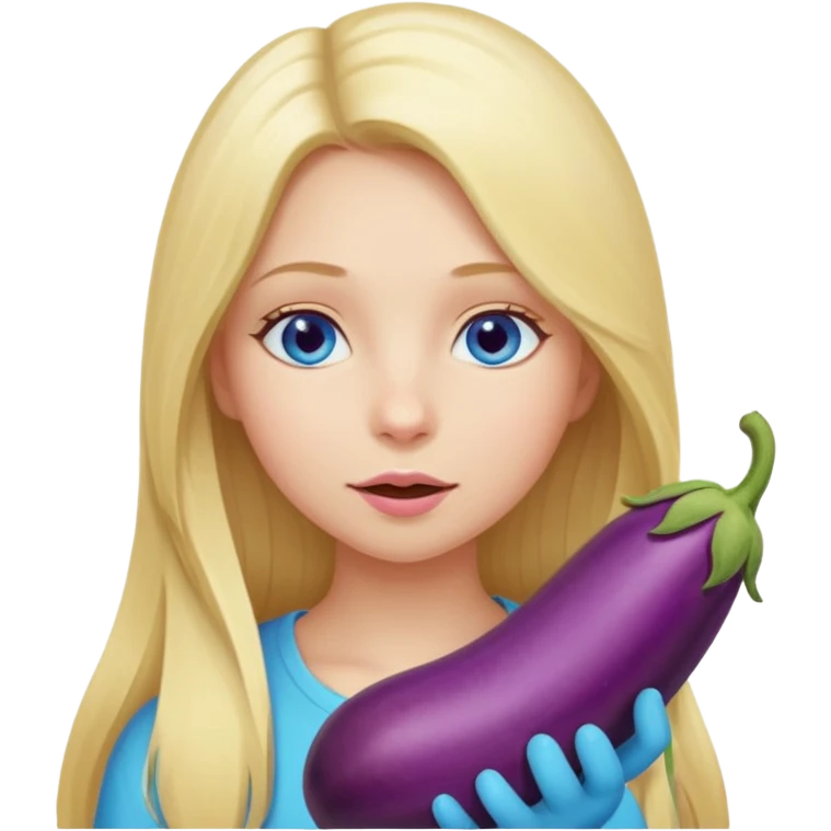 Girl, long blond hair, blue eyes, sucking eggplant emoji