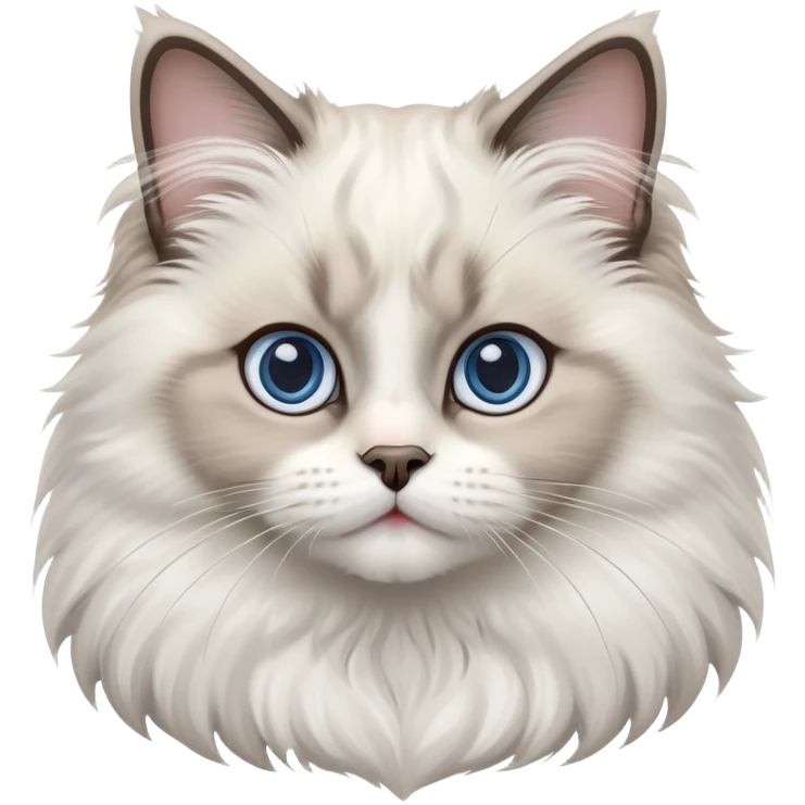 cinematic-adorable-big-eyed-fluffy-ragdoll-cat-portrait-emoji,-head-tilted-playfully-with-a-sweet-expression,-fluffy-white and grey-fur,-simplified-yet-irresistibly-cute-features-with-large,-expression, blue eyed ragdoll cat emoji