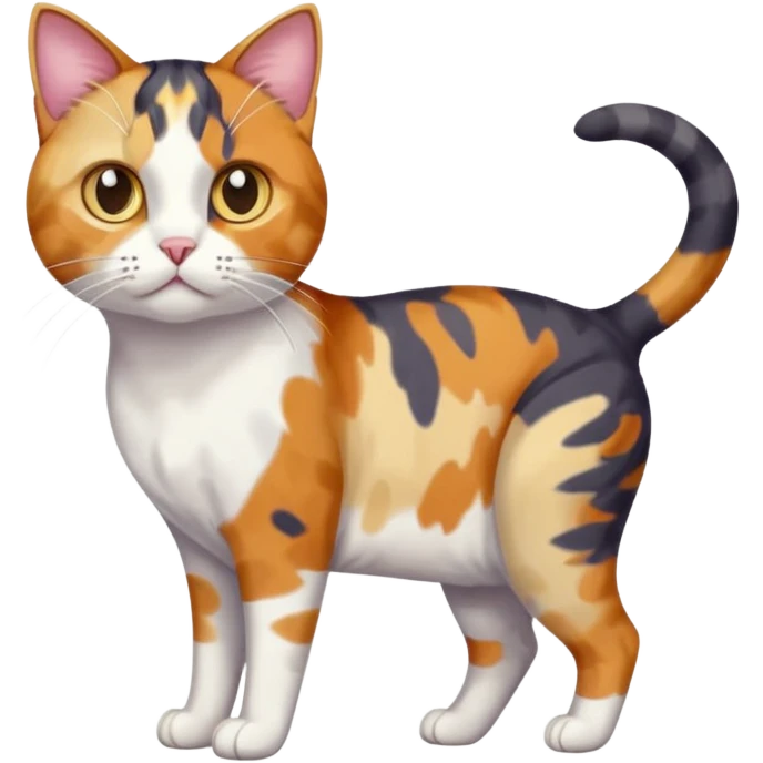 full body anxious looking colourful patchy calico tabby cat with tiny head to large body with fully white front legs emoji