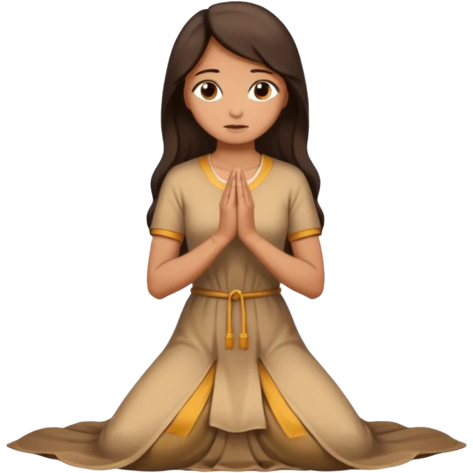woman in long tan dress, kneeling in prayer, dark brown hair emoji