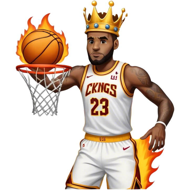 Make LeBron James wearing a kings crown and dunking a basketball into a basketball hoop with fire and smoke below him emoji