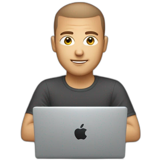 software engineer (white male, brown buzz cut hair, white gold earrings) in front of laptop, apple-style emoji