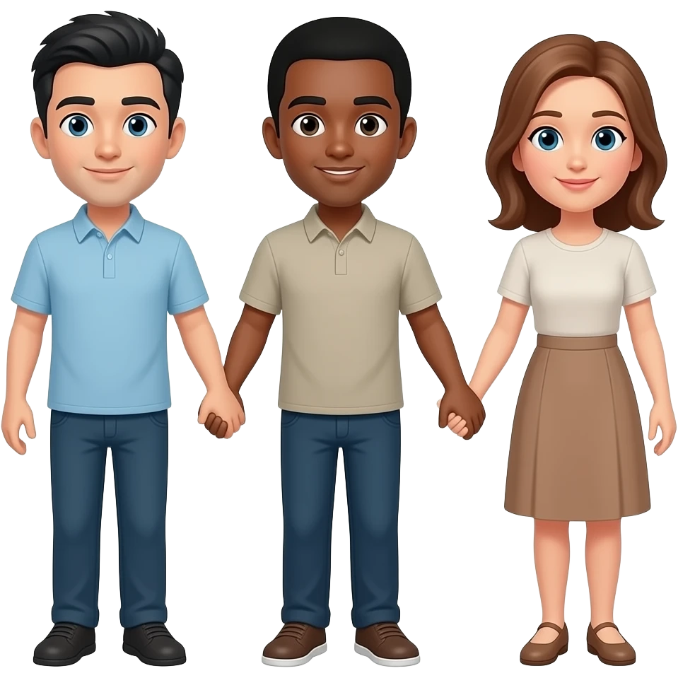 Three people holding hands, one man with black hair and white skin, one with brown skin and black hair and a woman with light brown hair and white skin emoji