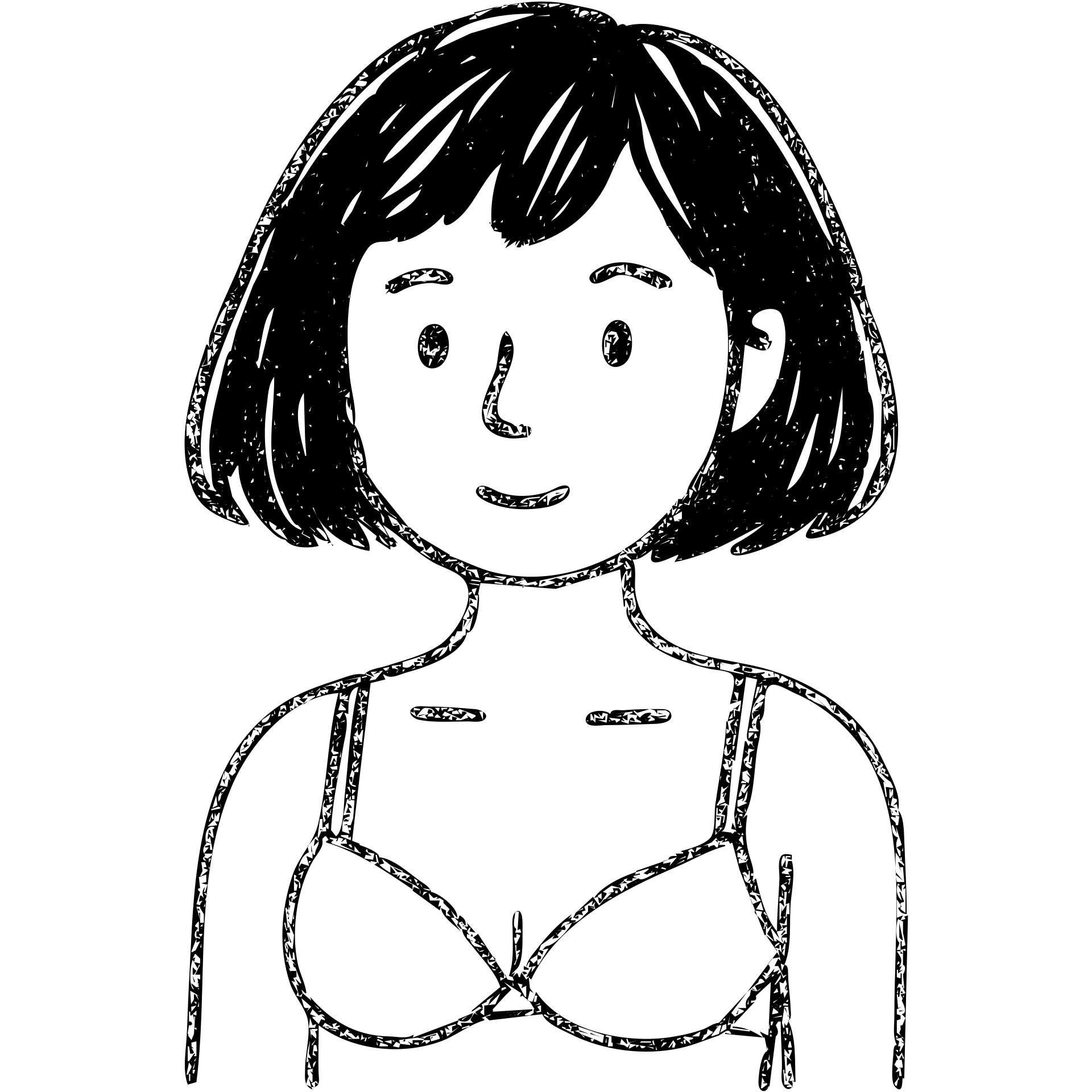 young woman with dark bob hair and a bra, small bust emoji