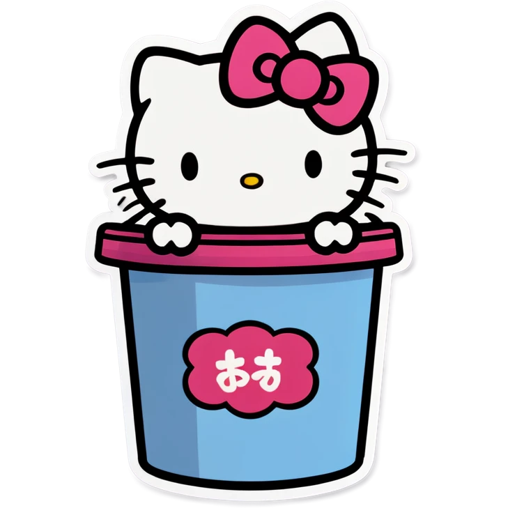 A trash bin that says GOODBYEEEE with hello Kitty in it emoji