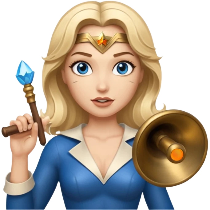 Blonde blue eyes Wonder Woman holding bell and short white orchestra conductor’s baton  emoji