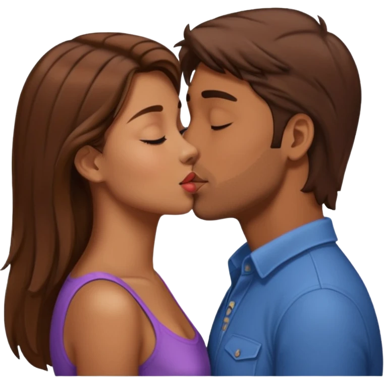 A naked girl with brown hair and bare small breasts openly kisses a tall guy with brown hair full-length on the lips emoji