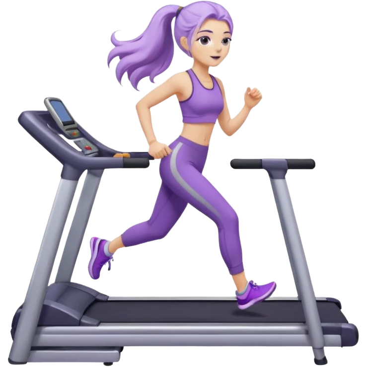 Девушка белокожая на беговой дорожке, с длинными светло-лиловыми волосами, в лиловом топе, в серых спортивных штанах, с черными ресницами emoji