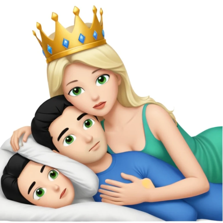 Blonde Queen with crown, Green eyes, naked, kissing man, naked, no crown, black hair, blue eyes, whole Body, Background bed emoji