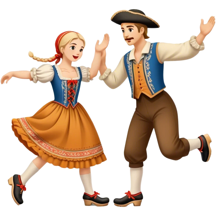 Cinematic Realistic scene of two performers executing the Klompendans, dressed in traditional Dutch costumes complete with wooden clogs and detailed folk patterns, captured in lively motion with soft, natural lighting emoji