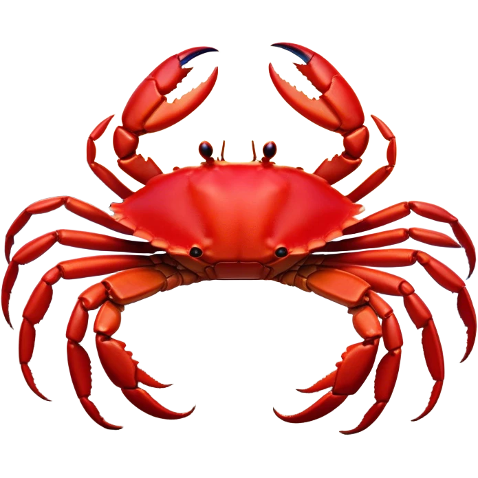 Cinematic Noble Red Crab Portrait Emoji, Poised and commanding, with a sturdy, angular exoskeleton of vivid scarlet red and sharply defined pincers, deep-set, intense eyes on stalks, Simplified yet sharp and sophisticated features, highly detailed, glowing with a soft, oceanic glow, high shine, intelligent and formidable, stylized with an air of coastal authority, focused and alert, soft glowing outline, capturing the essence of a watchful crustacean guardian that appears ready to scuttle out of the screen with determined power! emoji