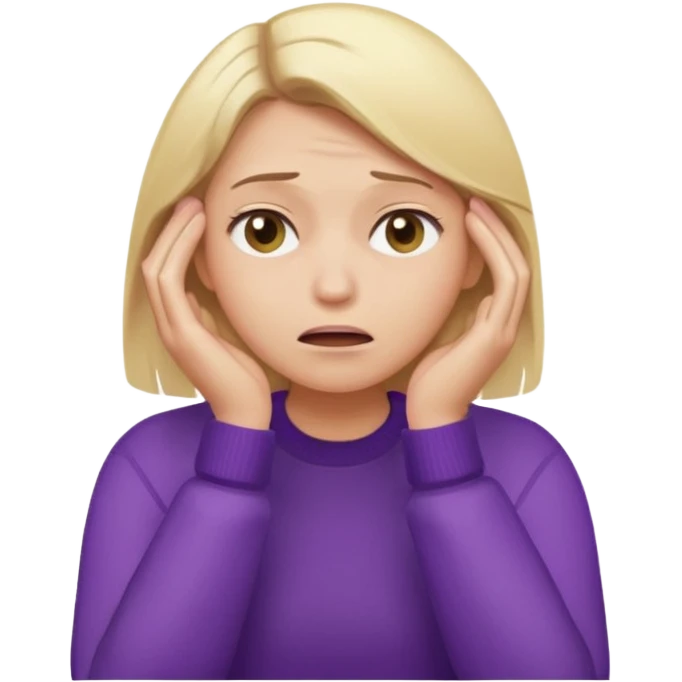Emoji-style illustration of a frustrated young woman, smooth, shiny, perfectly styled blonde hair, wearing a purple sweater, holding her face in her hands, expressing annoyance and disappointment, cartoonish, expressive, simple lines, flat colors, clear silhouette emoji