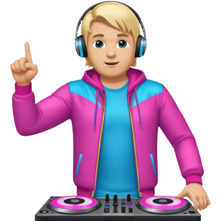 blond big man in colorful dj outfit pointing next to him emoji