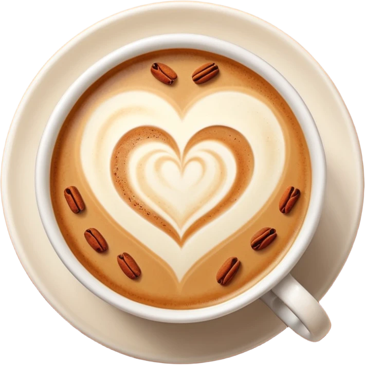 Top-down view of latte art in a heart shape, in a round pumpkin mug, with cinnamon sprinkle flecks. emoji