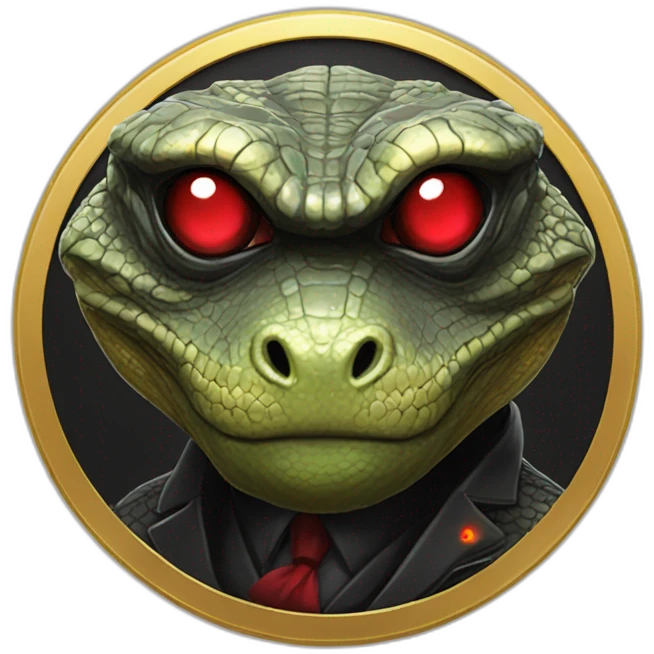 Reptilian with red laser eyes in black suite on the golden coin emoji