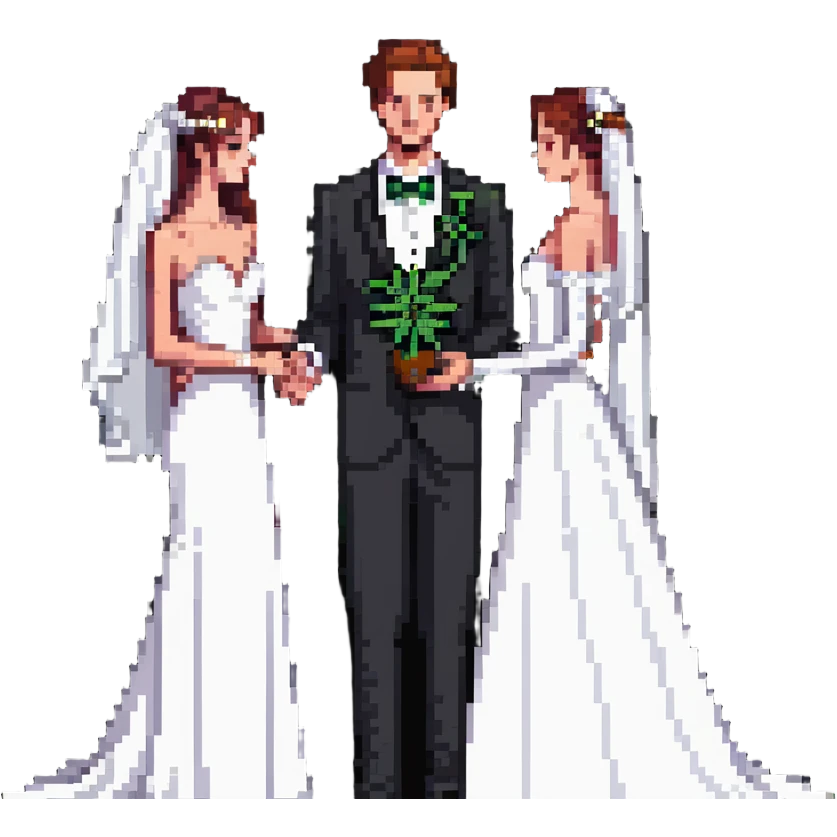 A bride in white wedding dress and groom in tuxedo, full body, sharing cannabis, wedding couple emoji