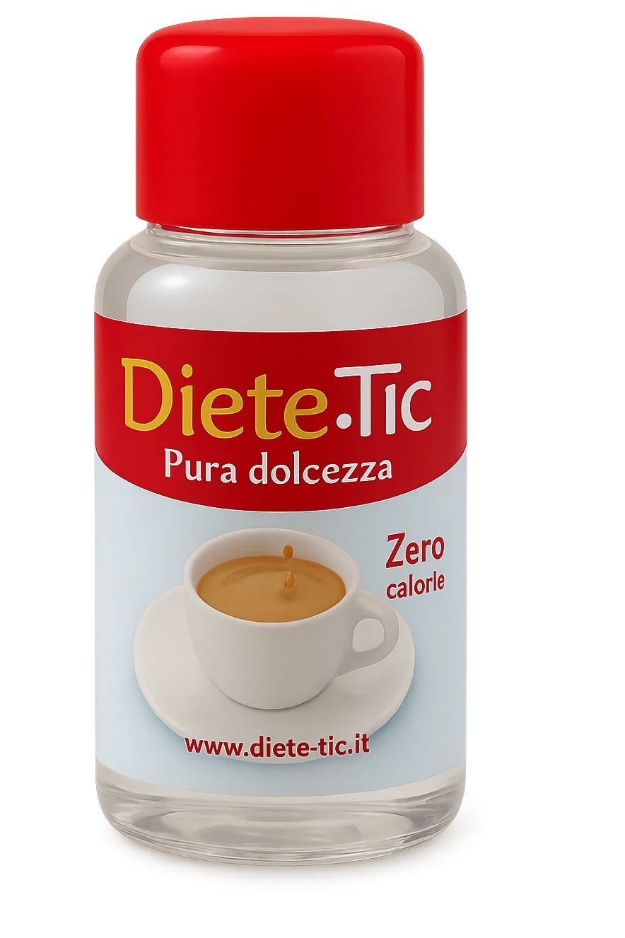 BOCCETTA DI DOLCIFICANTE LIQUIDO CON LA SCRITTA "DIETE-TIC" SULL'ETICHETTA FLUTTUA IN ARIA emoji