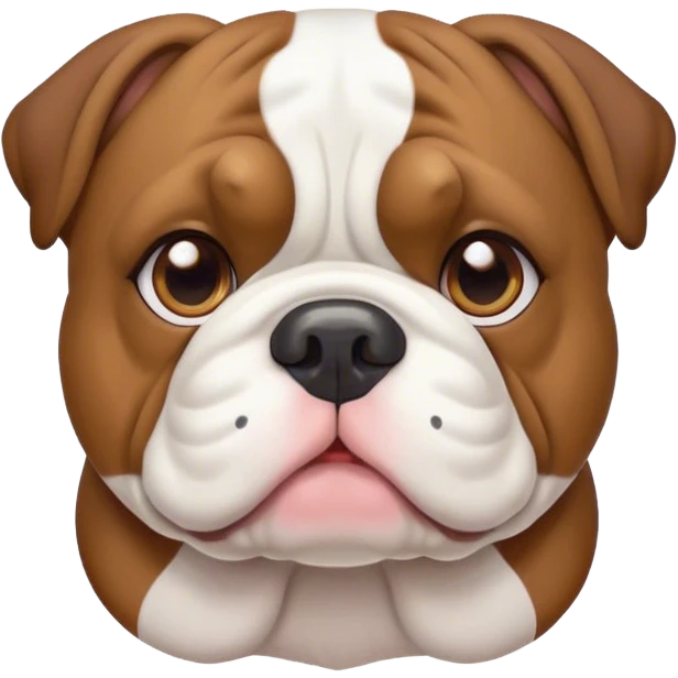 Cinematic Cute Brown and White English Bulldog Portrait Emoji, Head tilted playfully and inquisitively, featuring a glossy brown and white coat with distinct patches, round, sparkling brown eyes filled with curiosity, Simplified yet irresistibly adorable features, highly detailed, glowing with a warm, friendly glow, high shine, affectionate and charming, stylized with a touch of whimsy, bright and endearing, soft glowing outline, capturing the essence of a mischievous yet loving companion, so playful it feels like it could bound out of the screen and into your arms! emoji