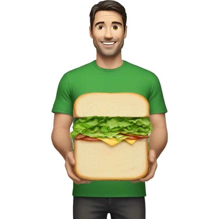 A white man with dark hair in green t-shirt holding a long small sandwich emoji