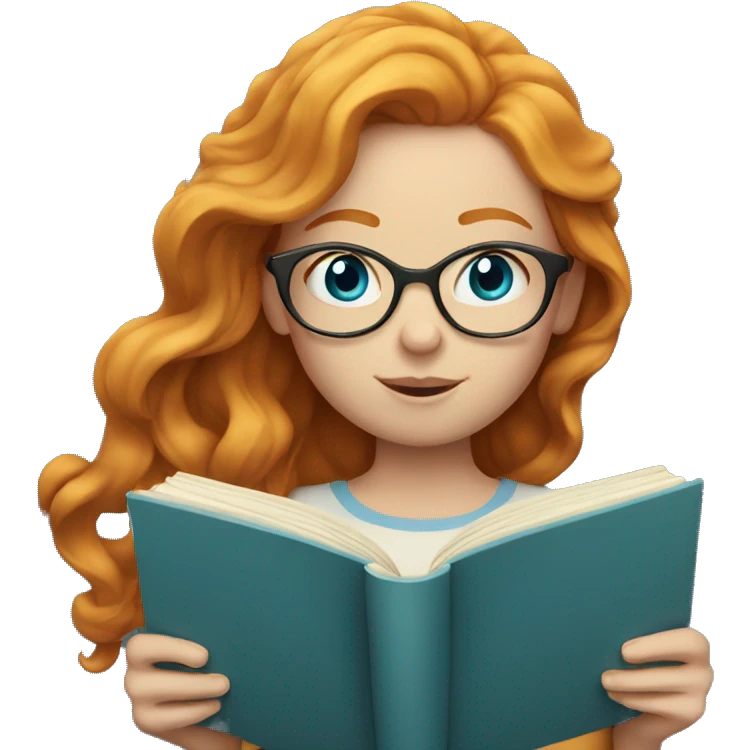 Ginger girl with light wavy hair and blue eyes reading emoji