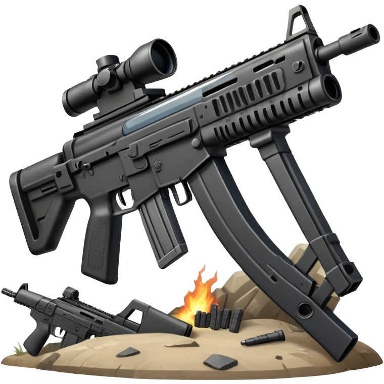 An icon showing hands gripping an assault rifle or pistol, inspired by Call of Duty Modern Warfare 2. The background features a battlefield with enemies in the distance, creating a tense and action-packed atmosphere. Transparent background highlights the focus on the weapon and combat. emoji