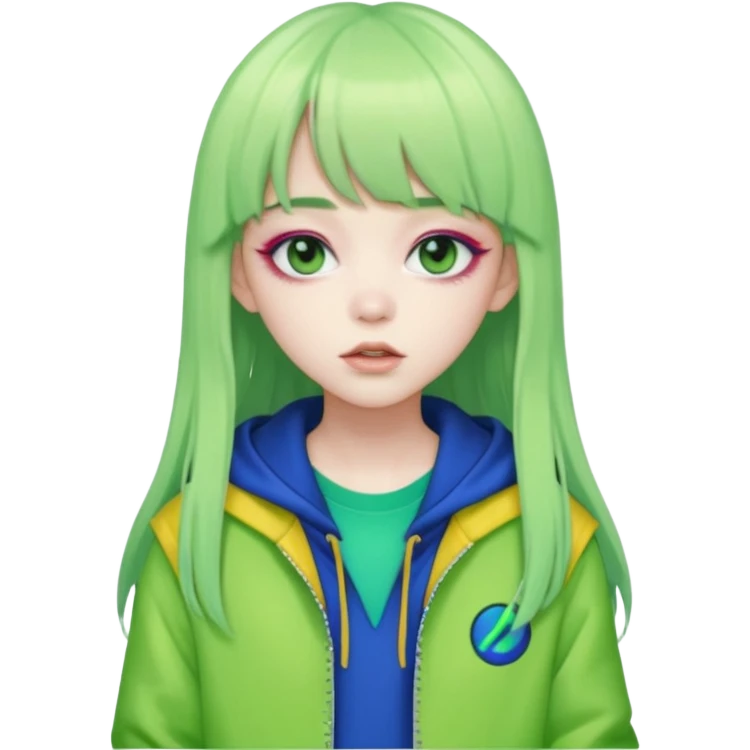  portrait-of-a-green alien-k-pop-idol,-wearing-a-stylish-streetwear-outfit-with-layered-colorful-clothing,-long-hair-with-bangs,-makeup,- emoji