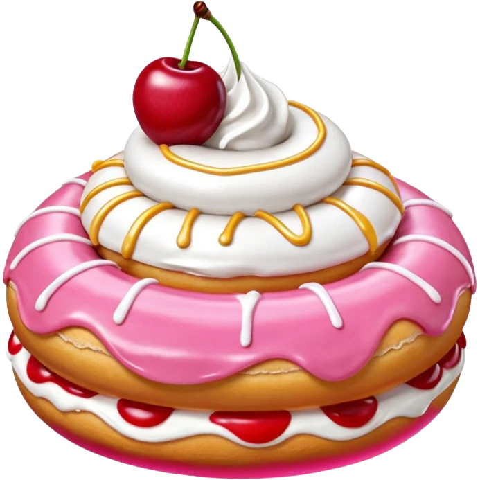 Round donut with smooth shade pink icing and thin white drizzle lines, golden-brown dough visible on the sides.
White whipped cream dollop in the center topped with a glossy red cherry and stem, clean studio lighting, pure white background, realistic minimal emoji-style. emoji