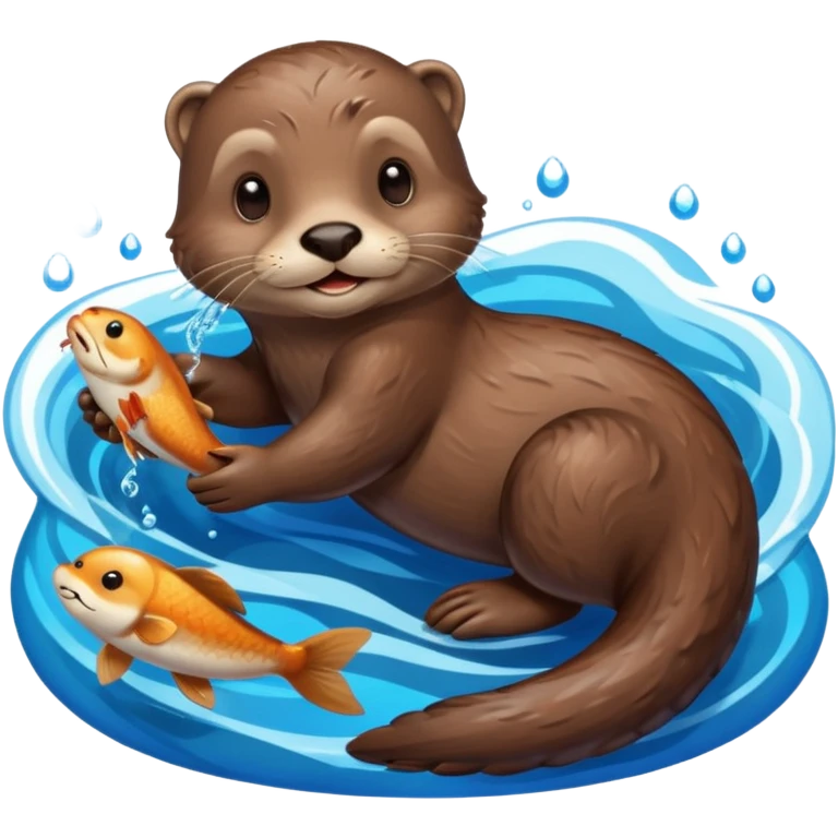 adorable otter floating on clearly visible blue water with waves, holding a fish emoji