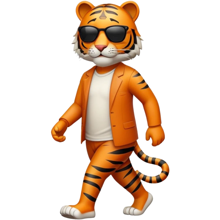 friendly anthropomorphised tiger in casual clothing, wearing dark sunglasses, walking upright in relaxed pose emoji