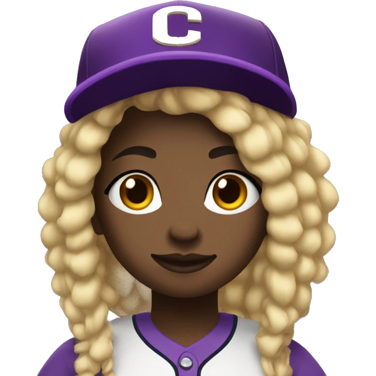 baseball card character. black girl. blonde locs. letter C logo. Purple and white uniform.  emoji