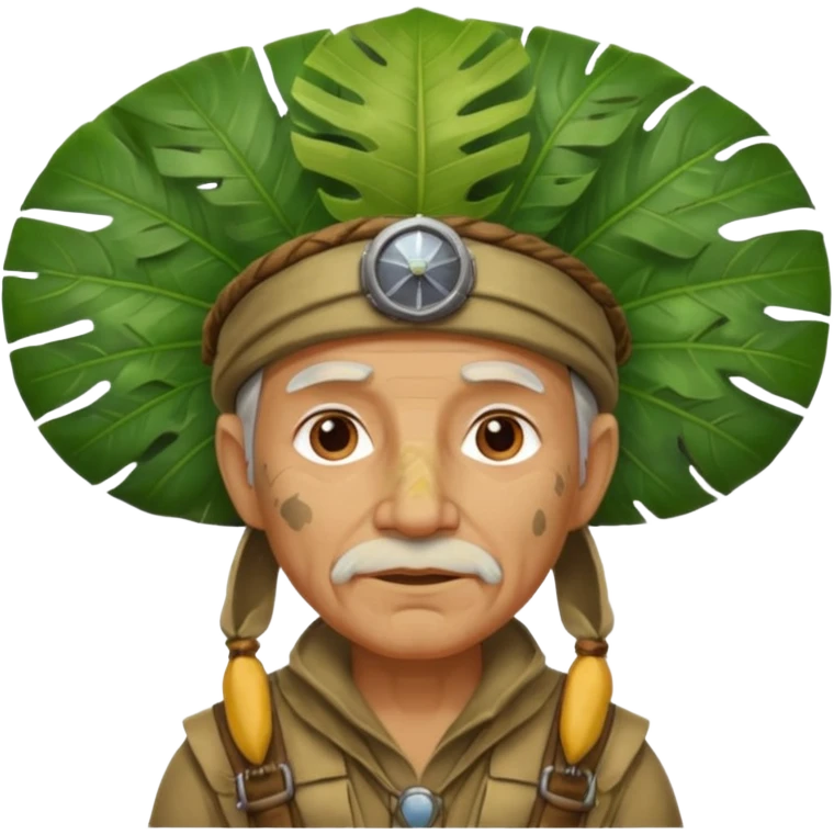 a old explorer with jungle wearing a large leaf headgear bye  emoji