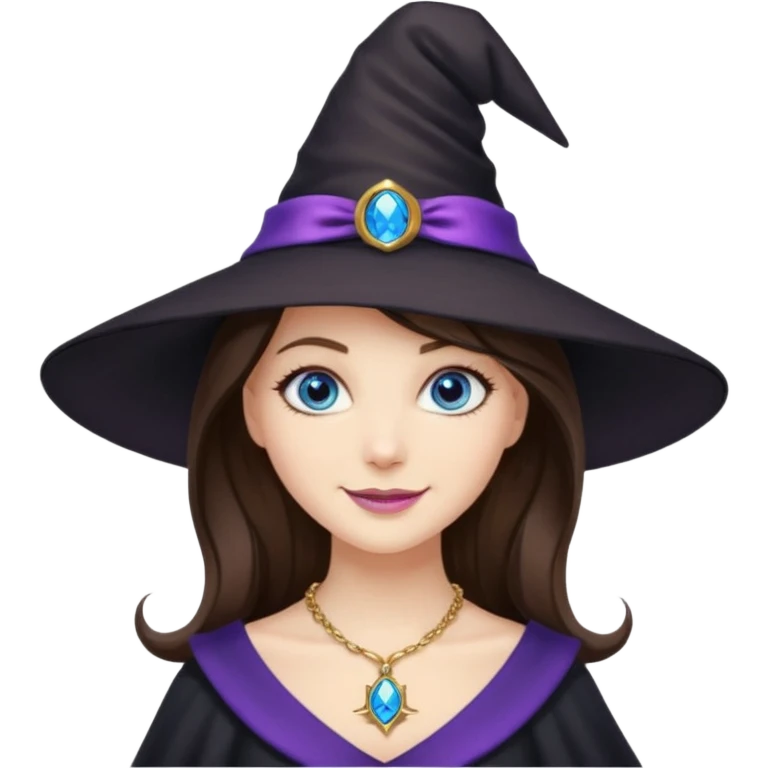 Witchy brunette haired blue eyed white girl with a witty smile a gold necklace and a black witch hat with a purple bow emoji