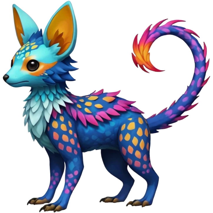 Rare realistic exotic edgy epic pretty beautiful handsome gorgeous aesthetic colorful vibrant Vernid-Trico-species-Fakemon-creature by LiLaiRa, random markings, tufted ears, full body emoji