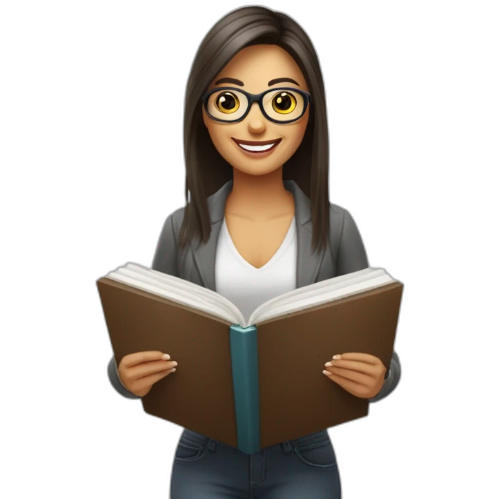 Mujer cabello corto çon lentes, sonriendo con un libro de marketing en la mano emoji