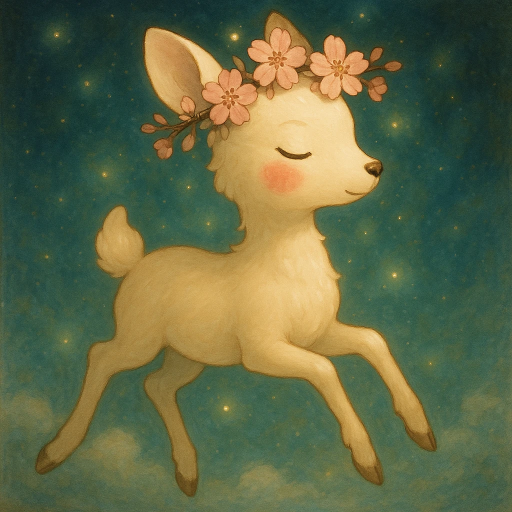 Enhance this feminine adult vanilla cloud doe with rosy cheeks and cherry flowers, floating gracefully in a dreamy Ghibli style. Make the colors richer, the lines softer, and the cherry flowers more detailed. Add a magical glow and elegant highlights, keeping the look whimsical, refined, and enchanting. emoji