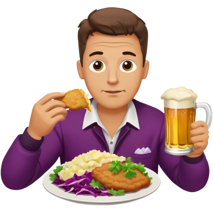 German man eating schnitzel, potato salad, red cabbage, sauerkraut, and beer emoji