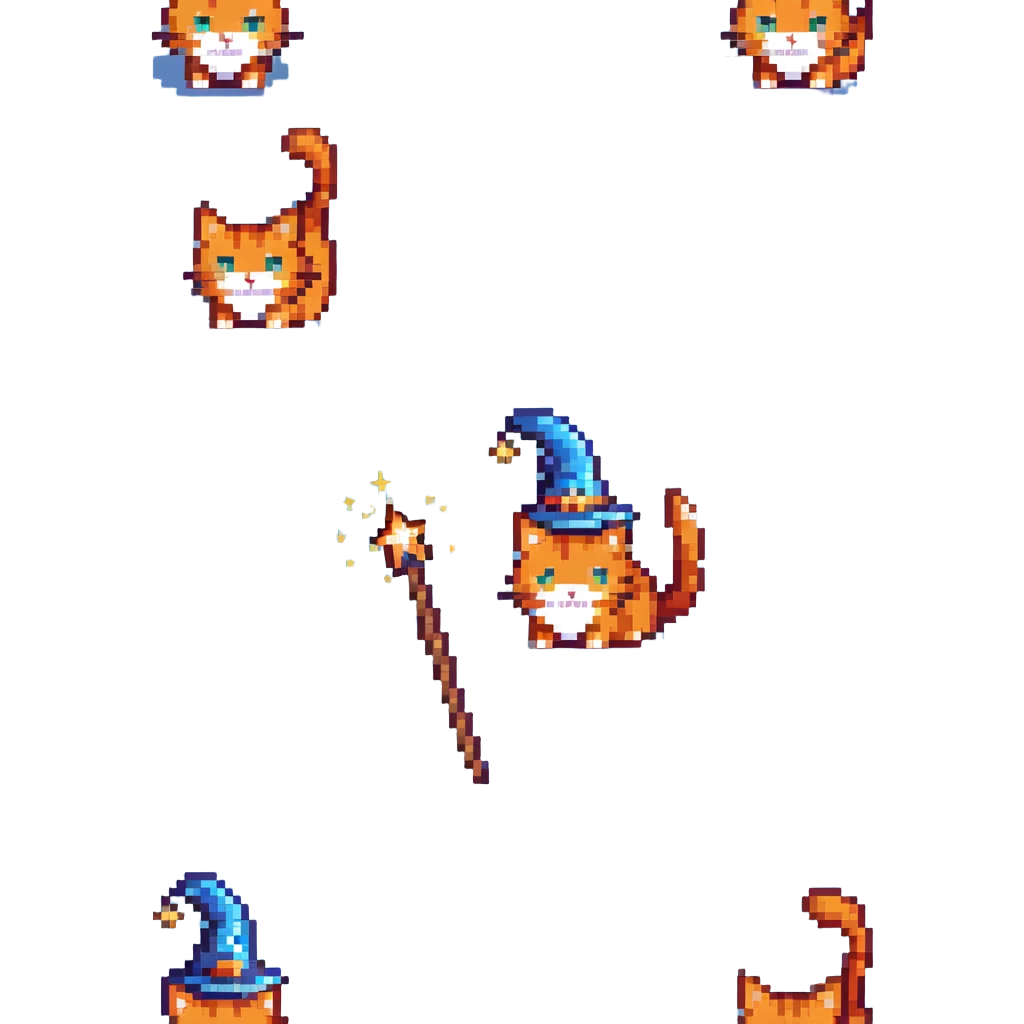 Orange cat with wizard hat and magic wand with sparkles emoji
