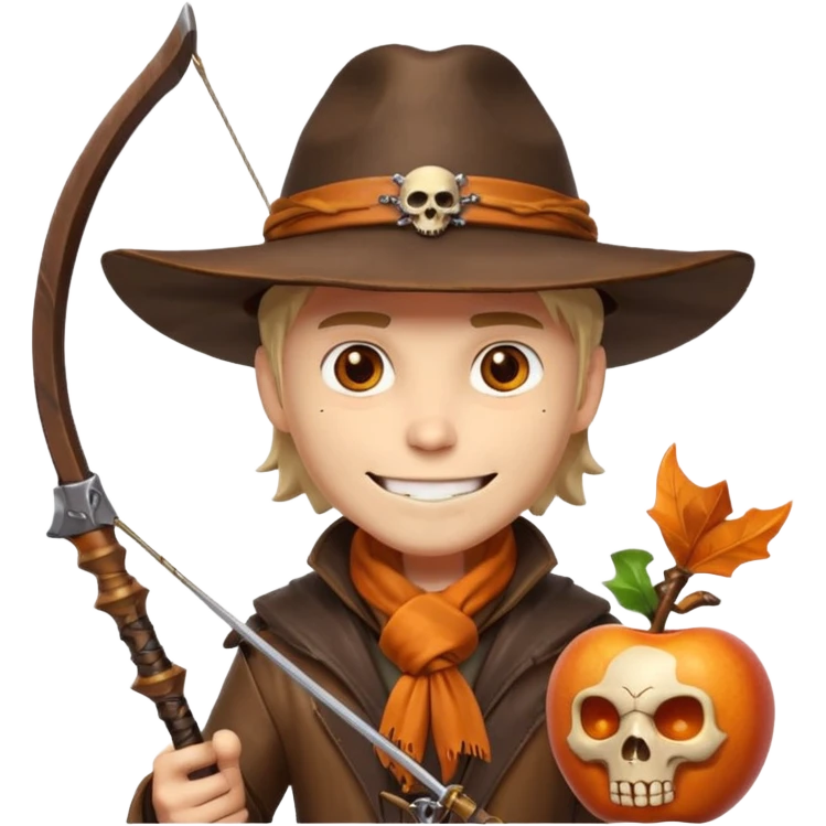 male human monster hunter emoji, wearing brown leather coat and wide hat, holding crossbow or rifle, with amulet shaped like skull, Halloween fantasy theme, confident smile, orange scarf, Apple emoji style, clean white background, square image emoji