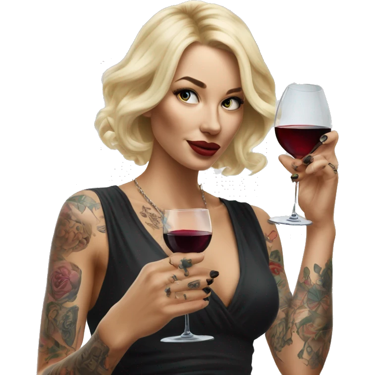 Blonde elegant women, her body covered with tattoos, wine in her one hand, pointing on you with her other hand , Hyper realistic emoji