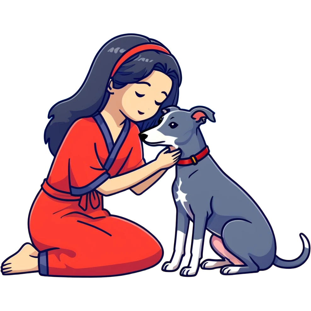 Only ONE beautiful 25-year-old Japanese woman with long flowing black hair wearing a stylish BLUE beach dress, gently PETTING her ONE PURE SOLID DARK GREY whippet with a bright RED COLLAR on a sunny beach. The woman is kneeling or bending down to pet the whippet, with her hand lovingly stroking the dog's head or back. The single whippet MUST be 100% SOLID DARK GREY with ABSOLUTELY NO WHITE MARKINGS ANYWHERE - specifically NO WHITE on face, NO WHITE on chest, NO WHITE on paws - ENTIRELY ONE CONSISTENT SOLID DARK GREY COLOR throughout. Just one woman and one dog. Bright blue daytime sky, sunshine, blue ocean and golden sand beach in the background. emoji