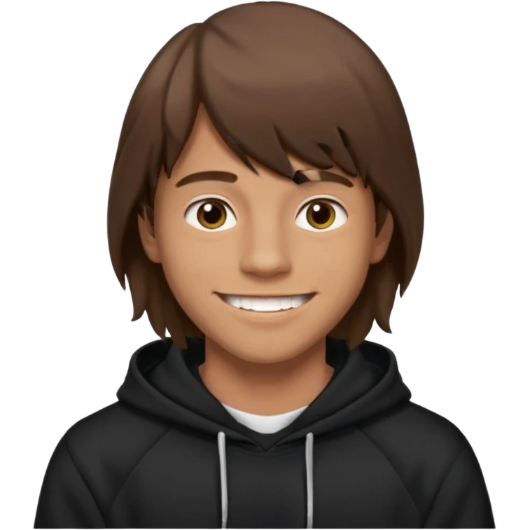 20 yr old man, brown hair, straight, big smile, white teeth, tanned skin, bangs, black hooded sweatshirt, long hair in back, middle parted bangs emoji