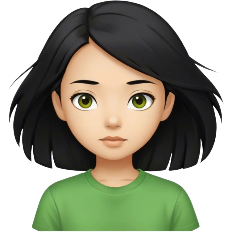 Girl with asian looking features, straight shoulder length black hair with slightly tanned skin,wearing a green t shir,dark brown eyes emoji